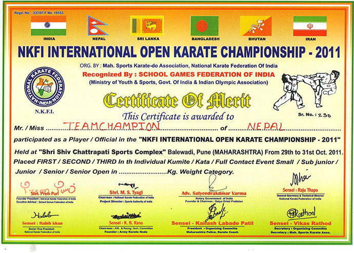 1st South Asian karate championship  2011 organized by National Karate Federation of India at Puna, India 