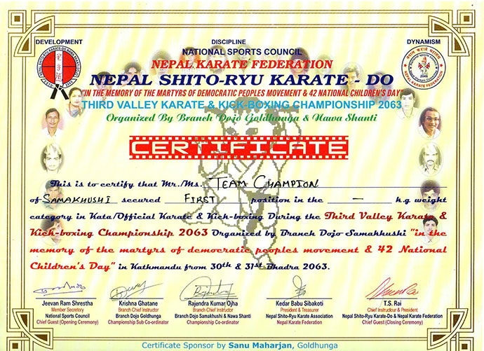 	Third valley karate and kick boxing champion award 2063 held at Manamaiju, Kathmandu 