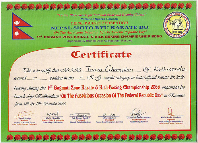 1st Bagmati zone karate and kick boxing championship 2066 held at Rasuwa, Nepal 